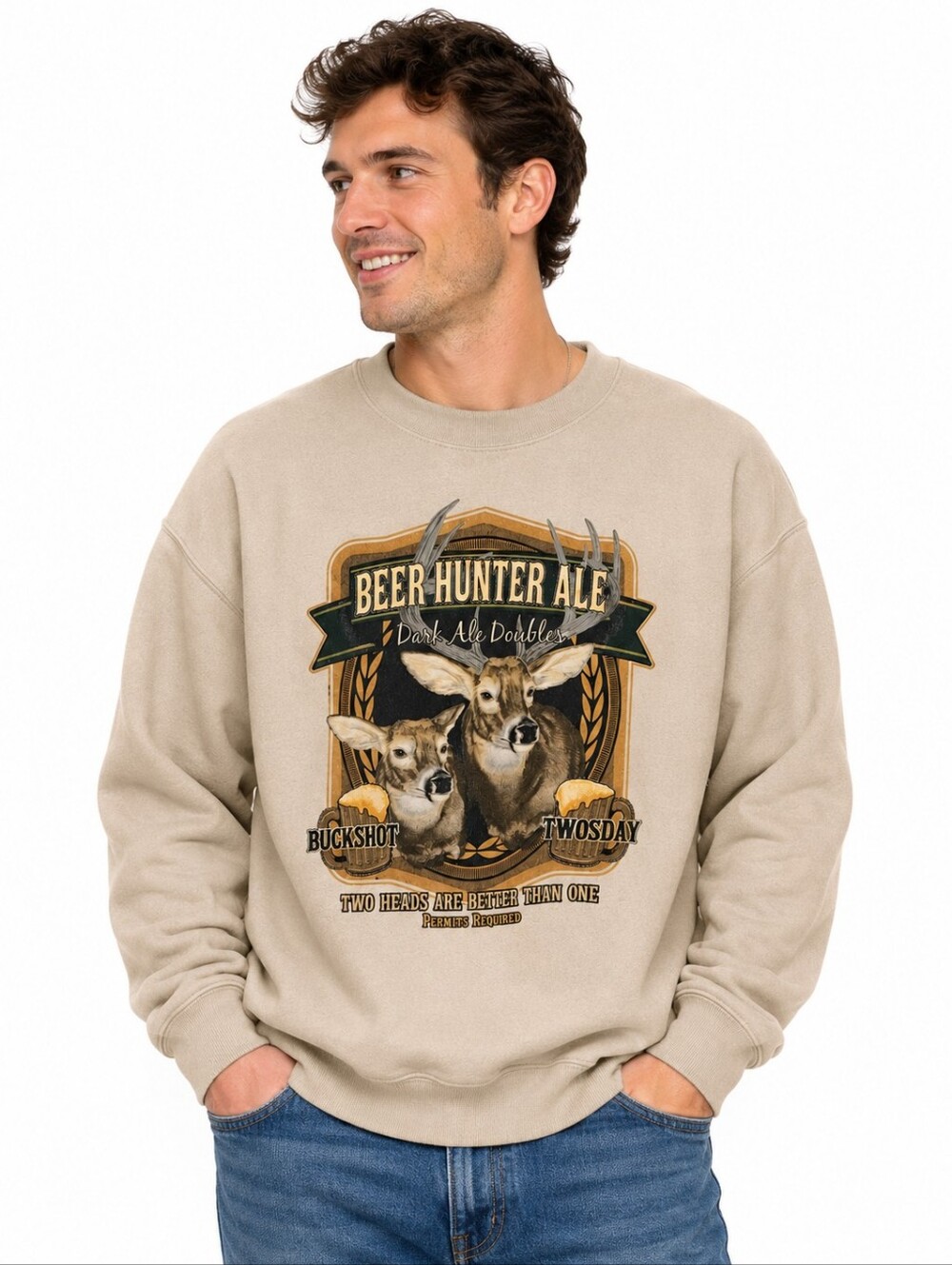 Vintage Puritan “Beer Hunter Ale” Deer Graphic Crewneck Sweatshirt Beige Size XL